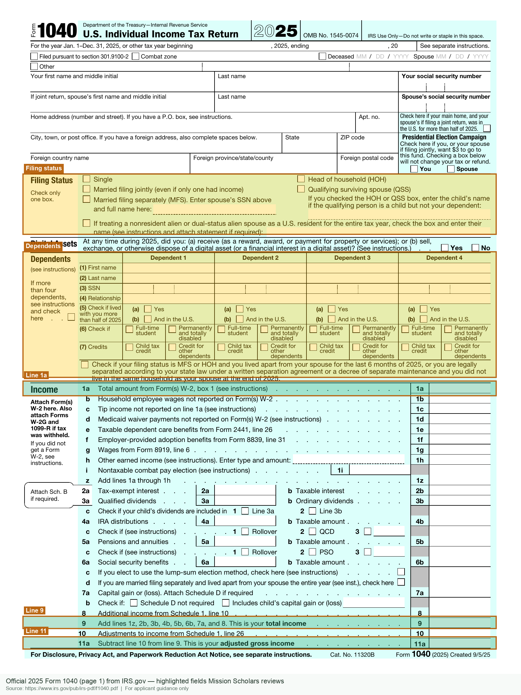 Official 2025 IRS Form 1040 page 1 with filing status, dependents, Line 1a, Line 9, and Line 11 highlighted