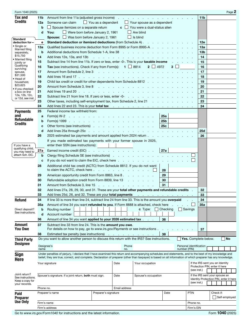 Page 2 of the official 2025 IRS Form 1040, the tax, payments, and signature side